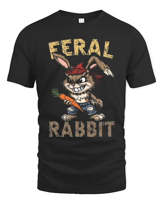 Feral Rabbit Tee Funny Rebel Bunny Cartoon Tshirt - black t-shirt on white background