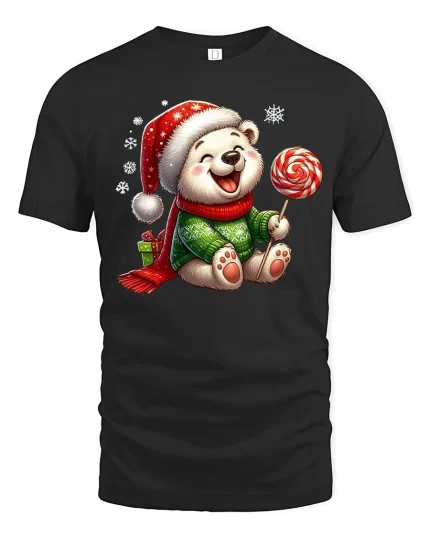 Cute Christmas Bear Lollipop Tee Holiday Gift for Everyone - black t-shirt on white background