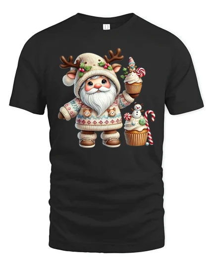 Cute Christmas Gnome Cupcake Tee Holiday Winter Graphic - black t-shirt on white background