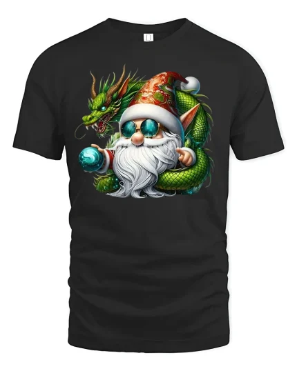 Mystic Dragon Gnome Christmas Tee Cool Fantasy Holiday Art - black t-shirt on white background
