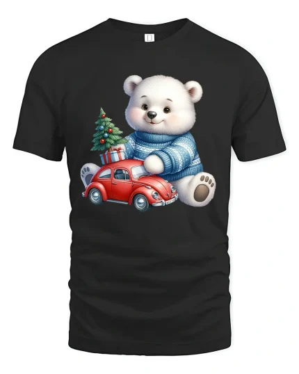 Cute Polar Bear Christmas Car Tee Festive Holiday Graphic - black t-shirt on white background