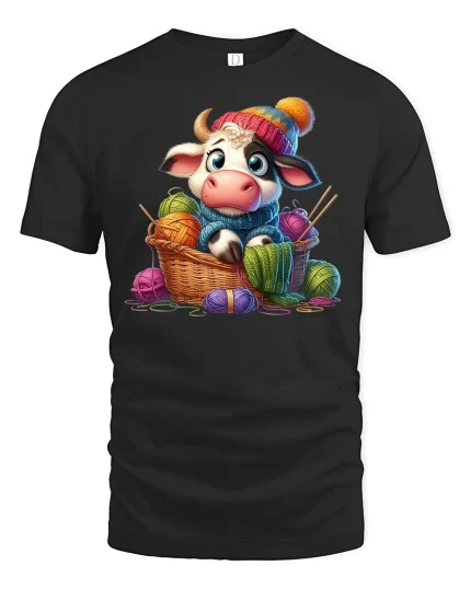 Cute Knitting Cow Tee Cozy Yarn Lover Cartoon Tshirt - black t-shirt on white background