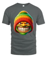 Funny Rainbow Beanie Grin Tee Bold Colorful Cartoon Tshirt - gray t-shirt on white background