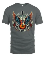 Flying Guitar Rock Tee Vintage Winged Music Tshirt - gray t-shirt on white background