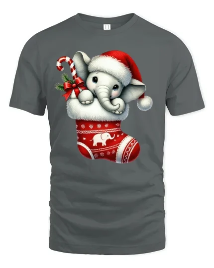 Cute Christmas Elephant Stocking Tee for Holiday Lovers - gray t-shirt on white background