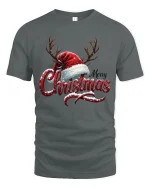 Merry Christmas Antler Hat Tee Festive Holiday Graphic Tshirt - gray t-shirt on white background