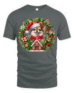 Christmas Pomeranian Wreath Tee Cute Holiday Dog Tshirt - gray t-shirt on white background