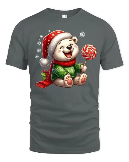 Cute Christmas Bear Lollipop Tee Holiday Gift for Everyone - gray t-shirt on white background