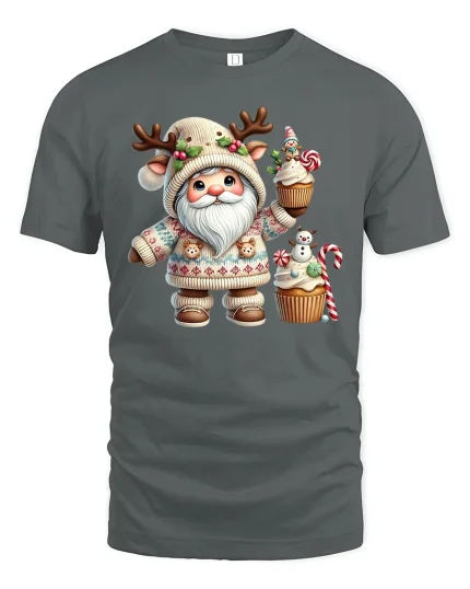 Cute Christmas Gnome Cupcake Tee Holiday Winter Graphic - gray t-shirt on white background