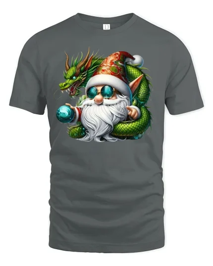Mystic Dragon Gnome Christmas Tee Cool Fantasy Holiday Art - gray t-shirt on white background