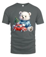 Cute Polar Bear Christmas Car Tee Festive Holiday Graphic - gray t-shirt on white background
