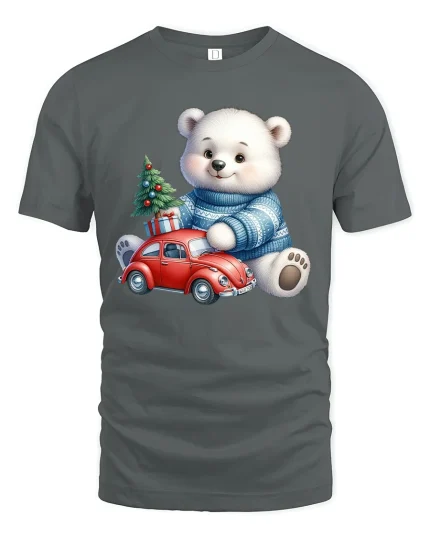 Cute Polar Bear Christmas Car Tee Festive Holiday Graphic - gray t-shirt on white background