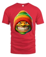 Funny Rainbow Beanie Grin Tee Bold Colorful Cartoon Tshirt - red t-shirt on white background