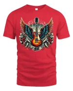 Flying Guitar Rock Tee Vintage Winged Music Tshirt - red t-shirt on white background