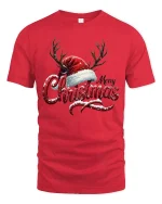 Merry Christmas Antler Hat Tee Festive Holiday Graphic Tshirt - red t-shirt on white background