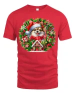 Christmas Pomeranian Wreath Tee Cute Holiday Dog Tshirt - red t-shirt on white background