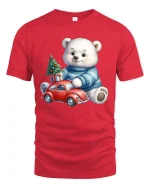 Cute Polar Bear Christmas Car Tee Festive Holiday Graphic - red t-shirt on white background