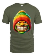 Funny Rainbow Beanie Grin Tee Bold Colorful Cartoon Tshirt - military green t-shirt on white background
