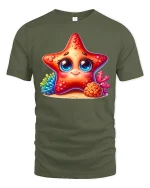Cute Starfish Ocean Tee Adorable Coral Reef Cartoon Tshirt - military green t-shirt on white background