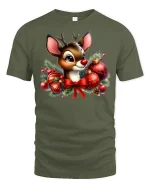Cute Christmas Reindeer Tee Adorable Holiday Ornament Tshirt - military green t-shirt on white background