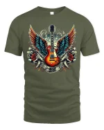 Flying Guitar Rock Tee Vintage Winged Music Tshirt - military green t-shirt on white background