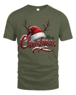 Merry Christmas Antler Hat Tee Festive Holiday Graphic Tshirt - military green t-shirt on white background