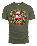 Christmas Pomeranian Wreath Tee Cute Holiday Dog Tshirt - military green t-shirt on white background