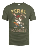 Feral Rabbit Tee Funny Rebel Bunny Cartoon Tshirt - military green t-shirt on white background