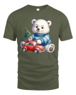 Cute Polar Bear Christmas Car Tee Festive Holiday Graphic - military green t-shirt on white background