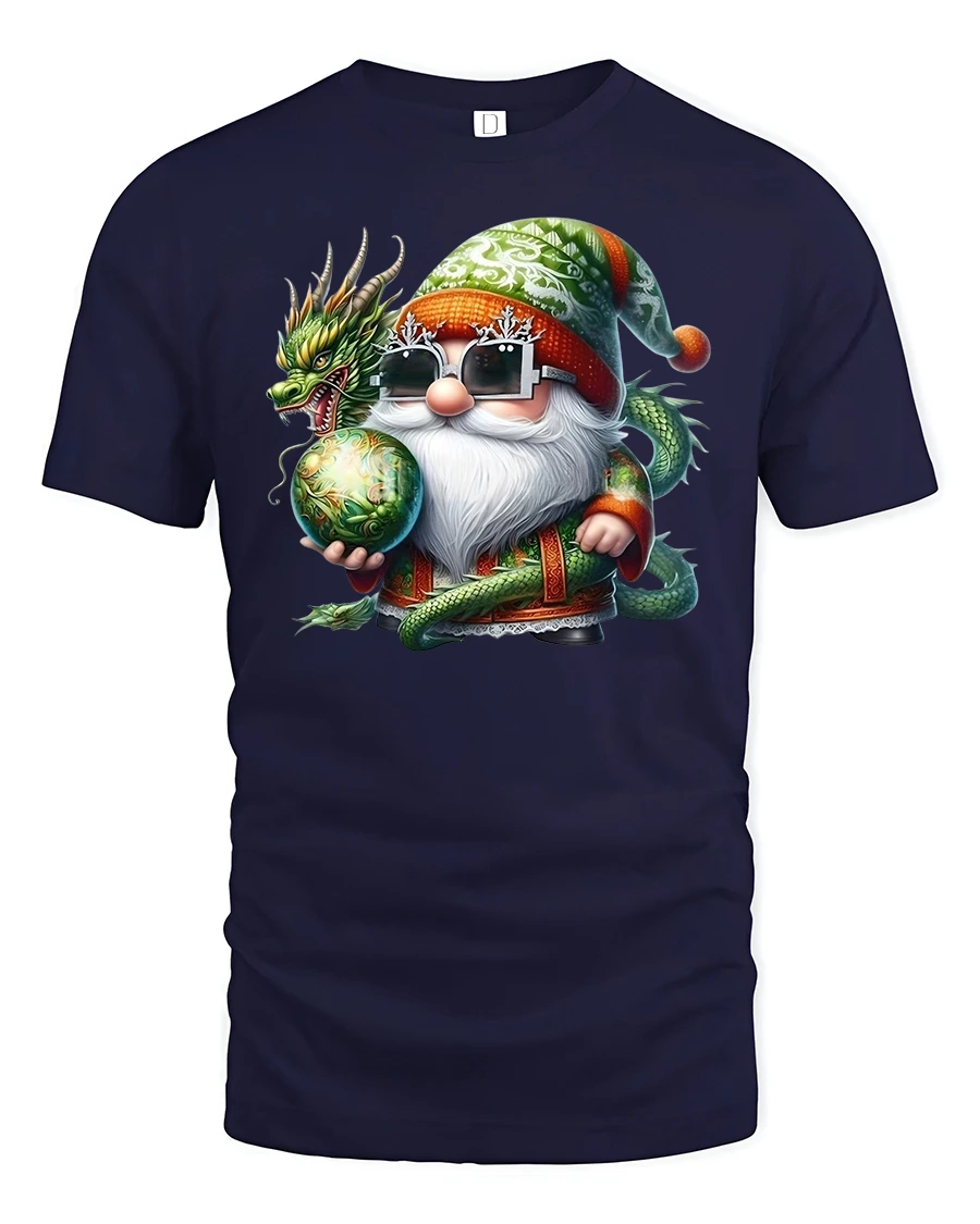 Santa Dragon Magic Tee Cool Christmas Gnome Fantasy Tshirt - 1 Santa Dragon Magic Tee Cool Christmas Gnome Fantasy Tshirt - navy t-shirt on white background