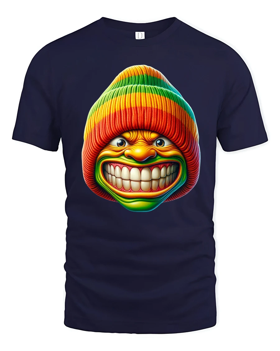 Funny Rainbow Beanie Grin Tee Bold Colorful Cartoon Tshirt - 1 Funny Rainbow Beanie Grin Tee Bold Colorful Cartoon Tshirt - navy t-shirt on white background