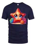 Cute Starfish Ocean Tee Adorable Coral Reef Cartoon Tshirt - navy t-shirt on white background