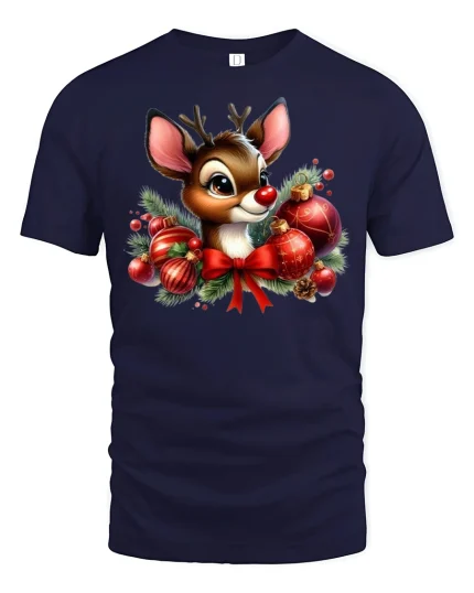 Cute Christmas Reindeer Tee Adorable Holiday Ornament Tshirt - navy t-shirt on white background