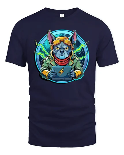 Cyber Gamer Dog Tee Futuristic Bulldog Gaming Tshirt - navy t-shirt on white background