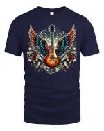 Flying Guitar Rock Tee Vintage Winged Music Tshirt - navy t-shirt on white background