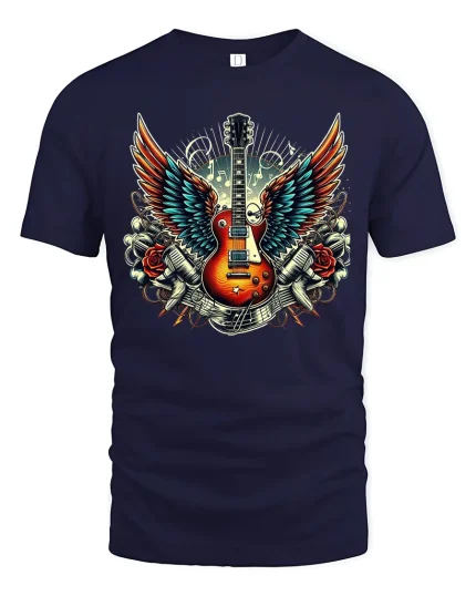 Flying Guitar Rock Tee Vintage Winged Music Tshirt - navy t-shirt on white background