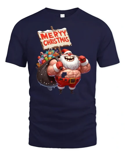 Funny Muscle Santa Merry Christmas Tee Holiday Cartoon Tshirt - navy t-shirt on white background
