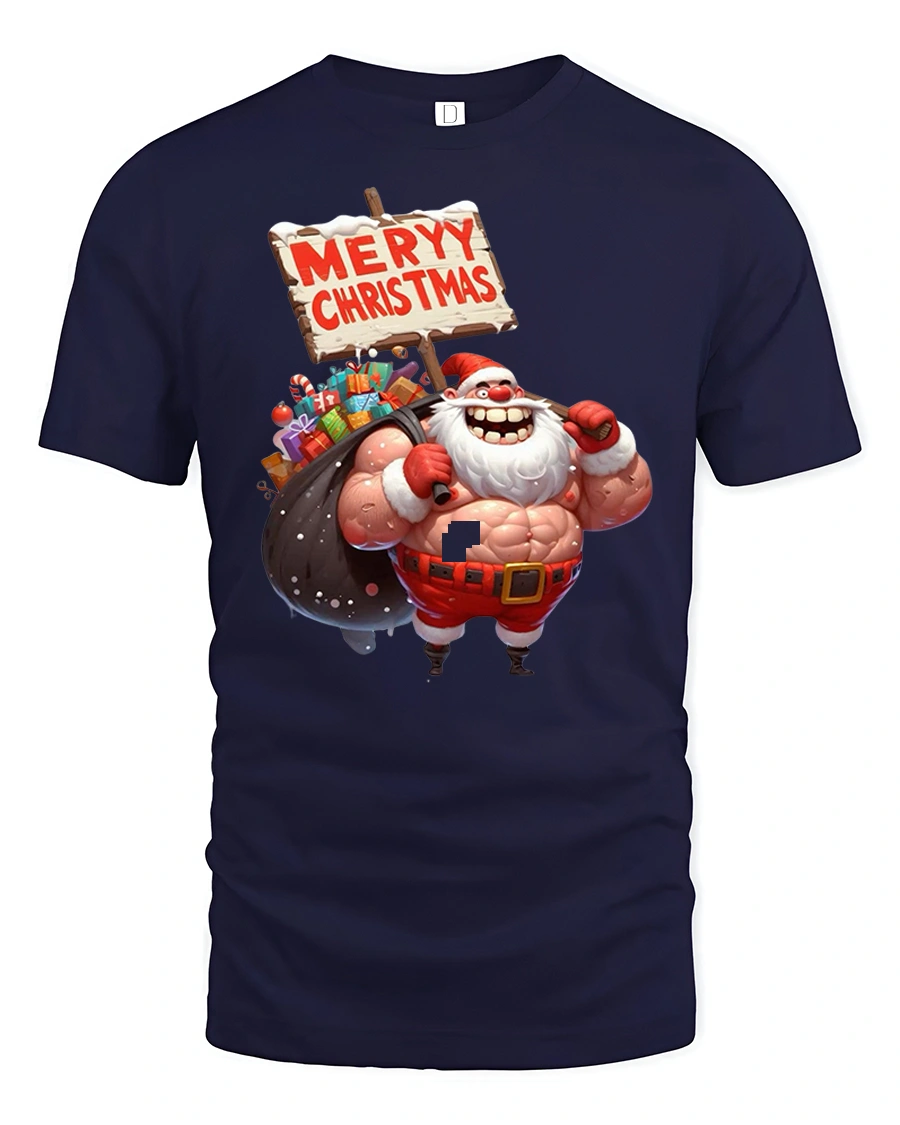 Funny Muscle Santa Merry Christmas Tee Holiday Cartoon Tshirt - 1 Funny Muscle Santa Merry Christmas Tee Holiday Cartoon Tshirt - navy t-shirt on white background