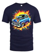 Retro Hot Rod Explosion Tee Cool Classic Muscle Car Tshirt - navy t-shirt on white background