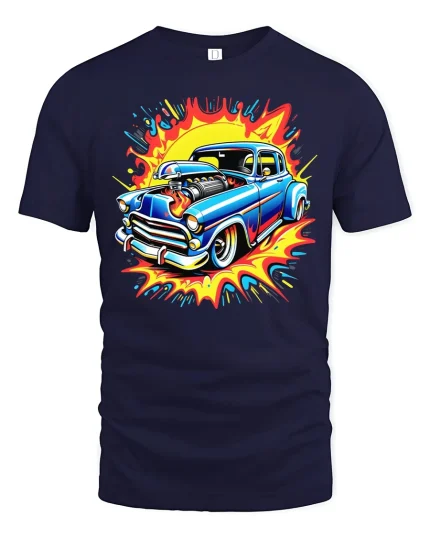Retro Hot Rod Explosion Tee Cool Classic Muscle Car Tshirt - navy t-shirt on white background