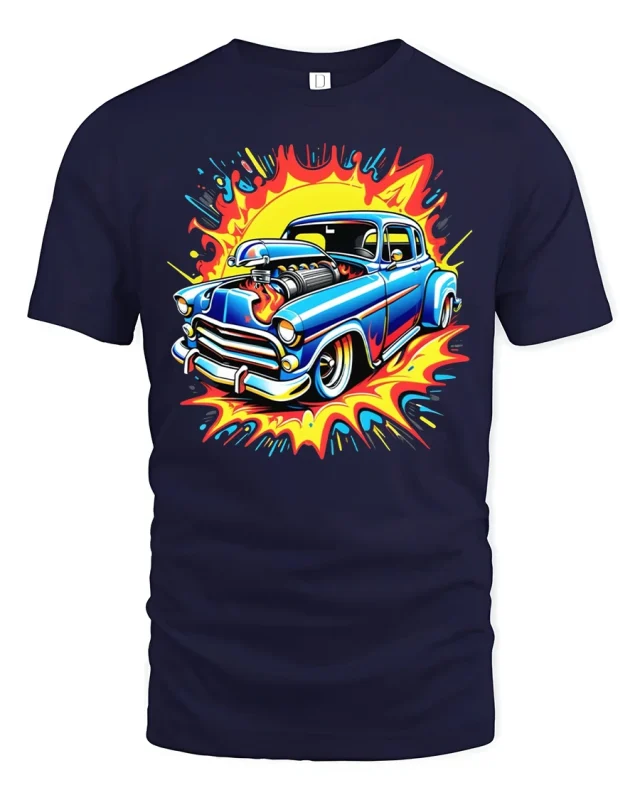 Retro Hot Rod Explosion Tee Cool Classic Muscle Car Tshirt - navy t-shirt on white background