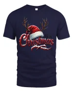 Merry Christmas Antler Hat Tee Festive Holiday Graphic Tshirt - navy t-shirt on white background