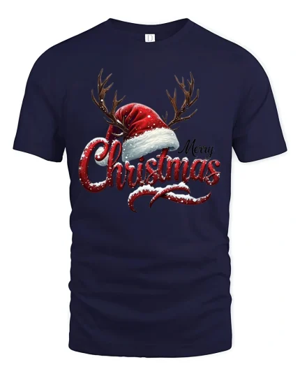 Merry Christmas Antler Hat Tee Festive Holiday Graphic Tshirt - navy t-shirt on white background