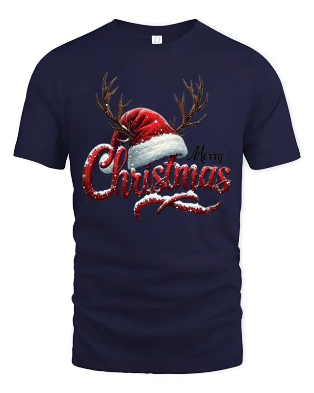 Merry Christmas Antler Hat Tee Festive Holiday Graphic Tshirt - navy t-shirt on white background