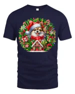 Christmas Pomeranian Wreath Tee Cute Holiday Dog Tshirt - navy t-shirt on white background