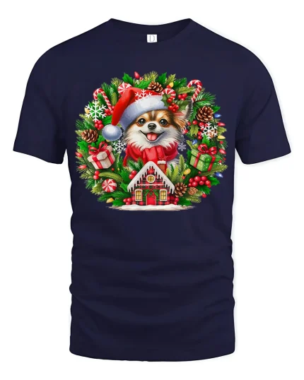 Christmas Pomeranian Wreath Tee Cute Holiday Dog Tshirt - navy t-shirt on white background