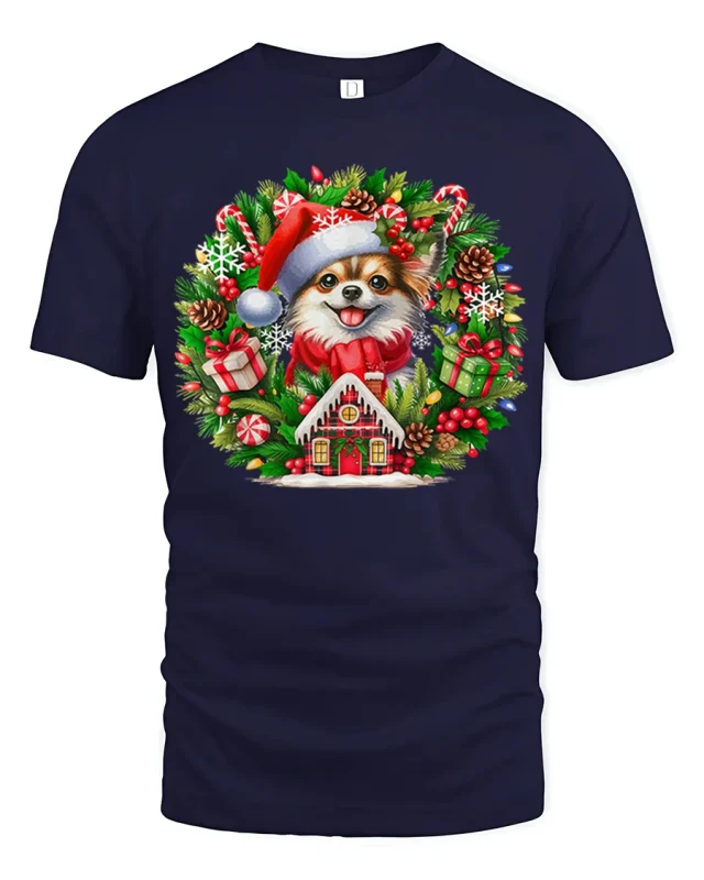 Christmas Pomeranian Wreath Tee Cute Holiday Dog Tshirt - navy t-shirt on white background