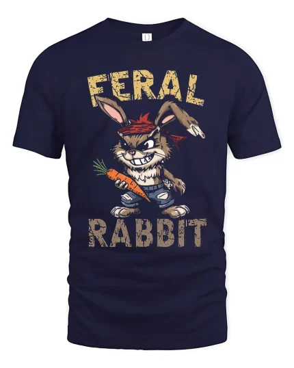 Feral Rabbit Tee Funny Rebel Bunny Cartoon Tshirt - navy t-shirt on white background