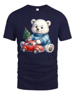 Cute Polar Bear Christmas Car Tee Festive Holiday Graphic - navy t-shirt on white background