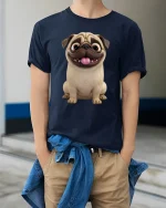 Cute Happy Pug Face Graphic Tee for Dog Lovers Gift - model wearing navy tee with hands in pockets